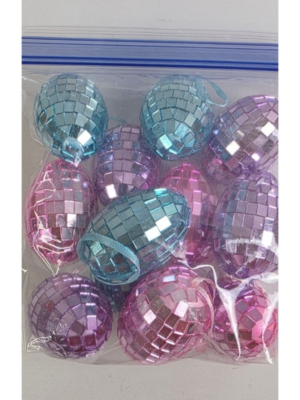 Set of 12 Mirrored Disco Easter Egg Ornaments - Pastel Pink, Purple & Blue Hangi